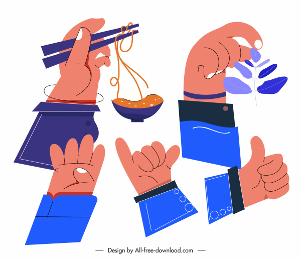 action hands icons colored flat handdrawn sketch