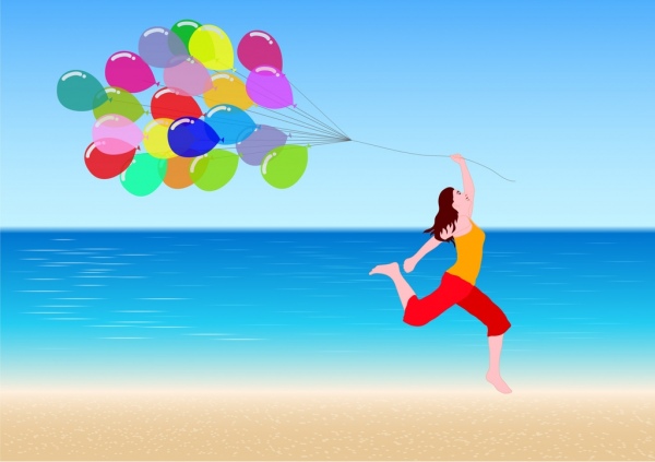 active girl icon joyful with colorful balloons ornament