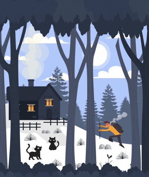 activity background hiker snow mountain cottage icons