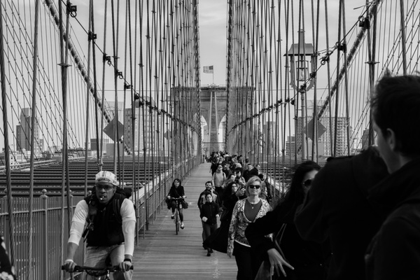 adult black and white bridge brooklyn bridge city