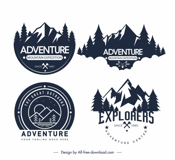 adventure exploration camp logotypes black white retro sketch