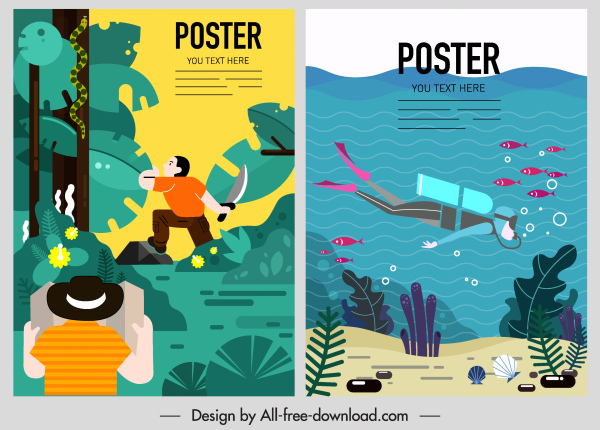 adventure poster templates forest marine exploration themes