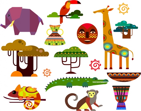 africa icons illustration with flat animals and trees