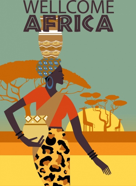 africa tourism banner tribal woman land animal icons