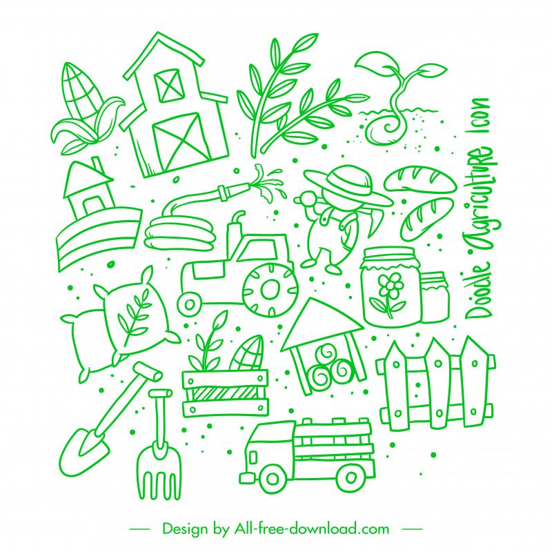 agriculture doodle icon sets flat handdrawn classic sketch
