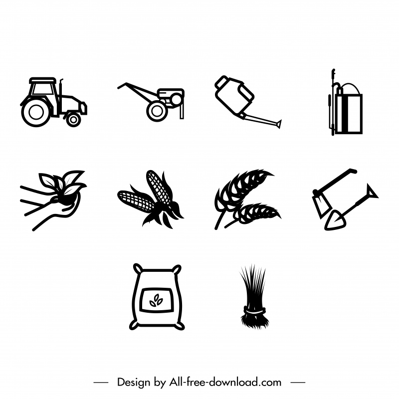 agriculture icon sets flat classical black white outline 