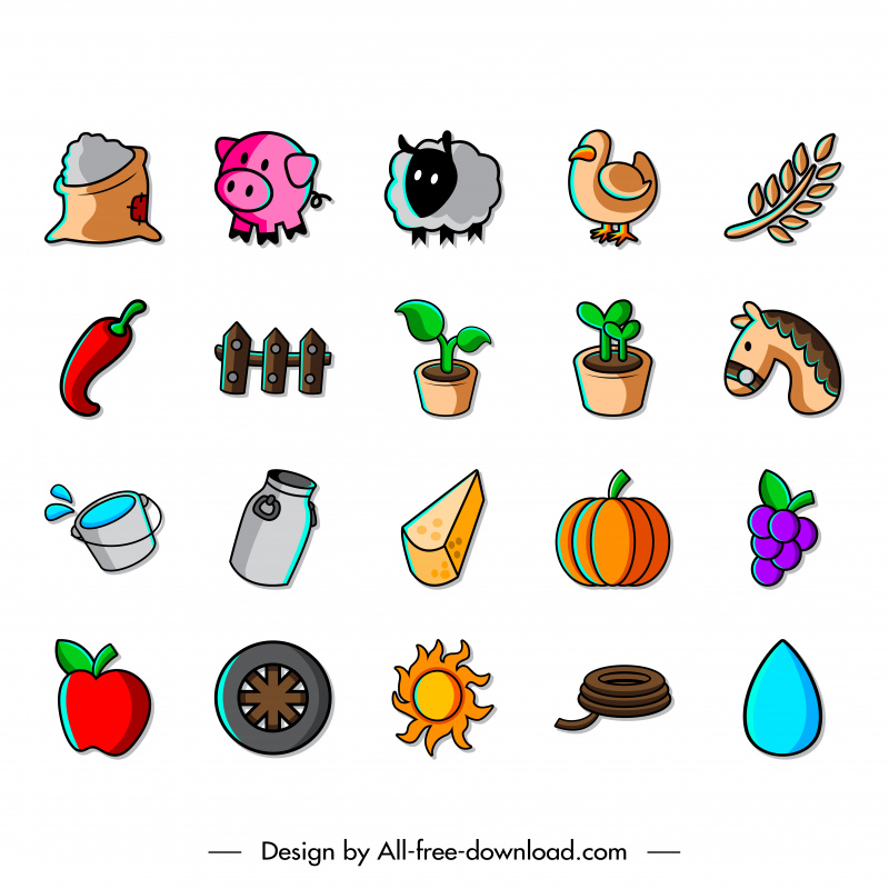 agriculture icon sets handdrawn colorful classical symbols sketch