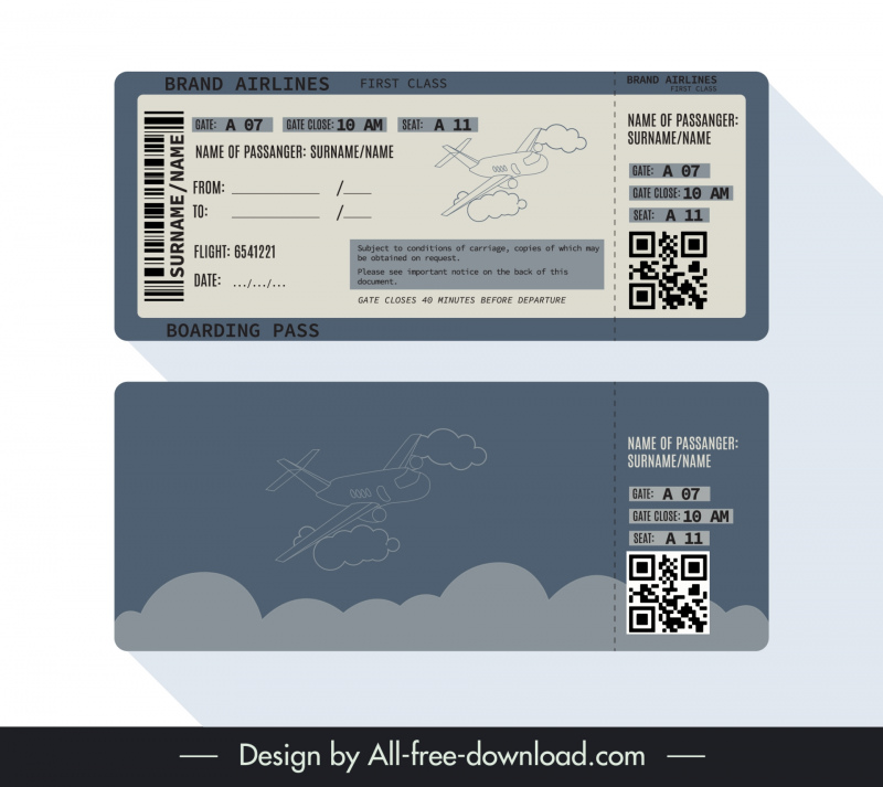 airline ticket template flat handdrawn airplane clouds