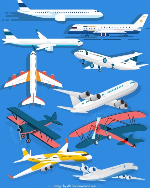 airplane icons modern classic models sketch