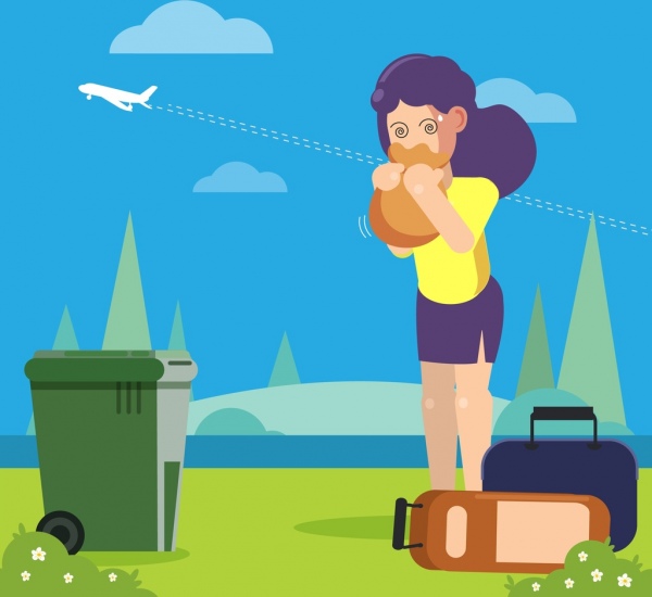 airsick background vomit woman airplane icons cartoon design