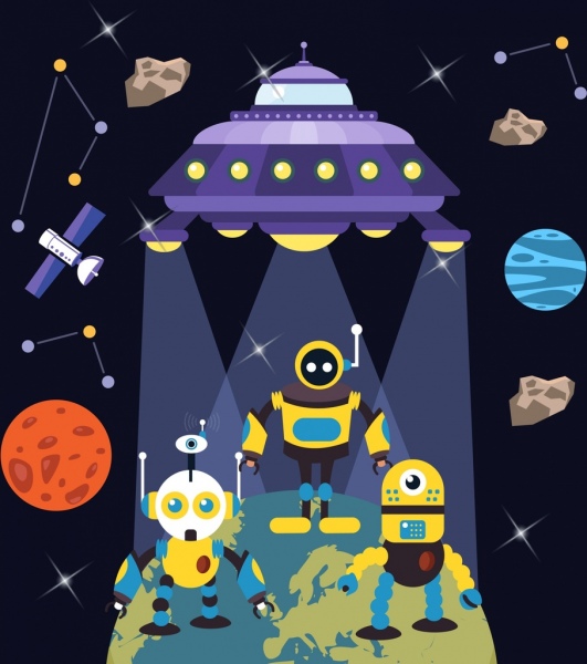 alien background robot ufo icon cartoon design