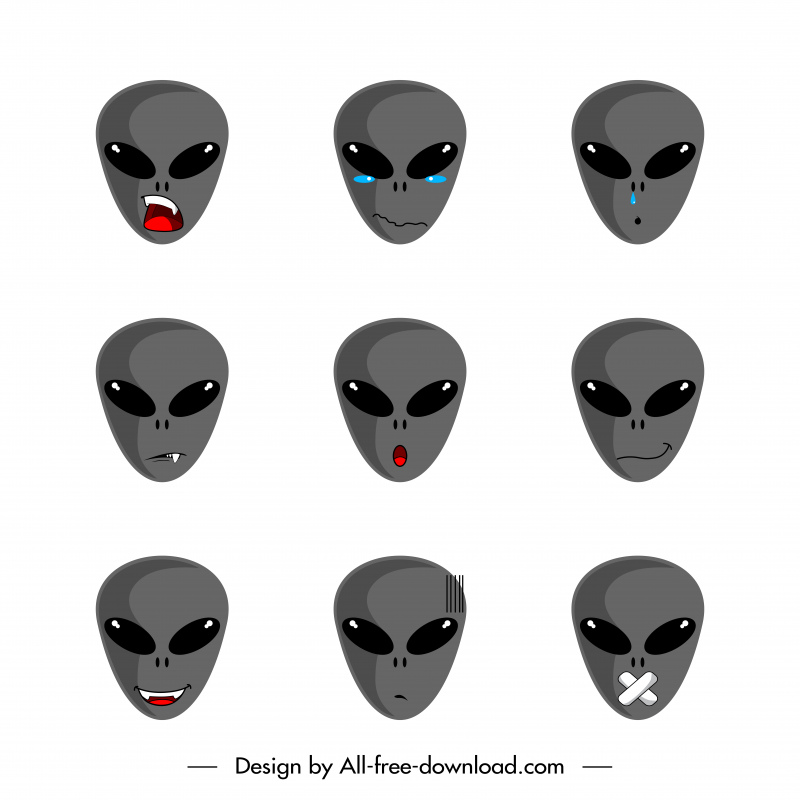 alien emoticon sets flat funny faces cartoon sketch