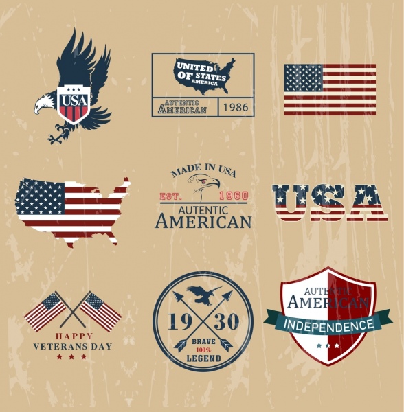 america design elements flag eagle shield texts icons 