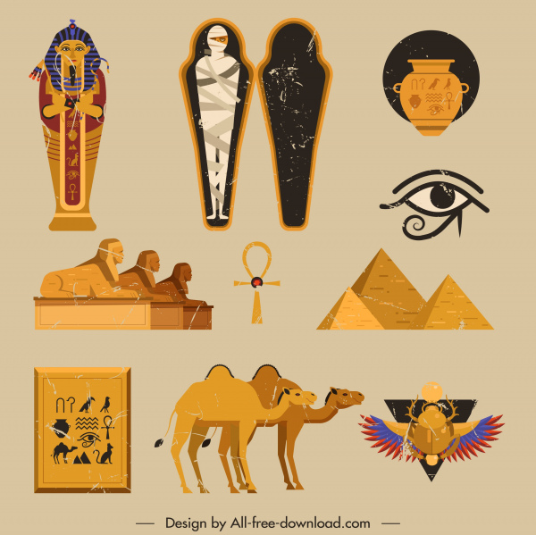 ancient egypt icons colored retro symbols sketch