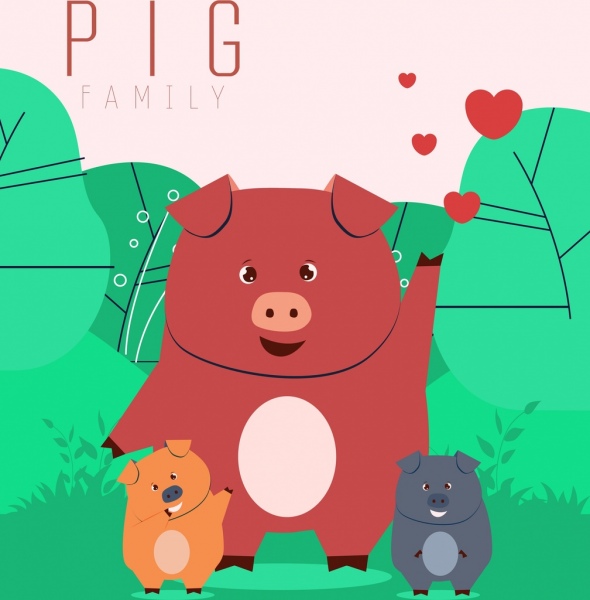 animal background pig family icon cartoon characters