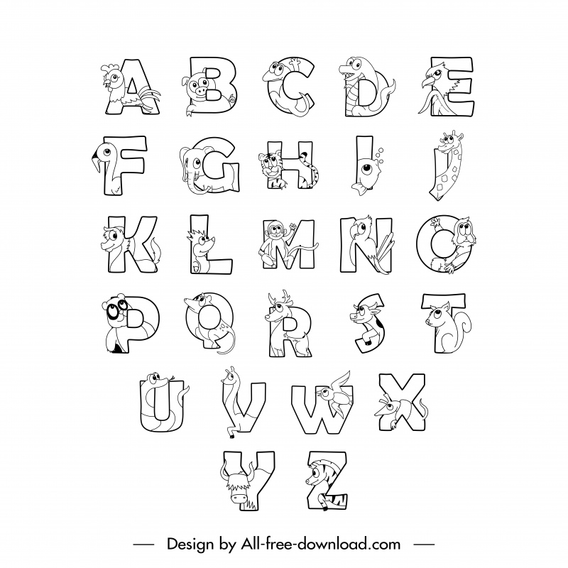 animal font sets template flat black white cute cartoon stylized texts sketch