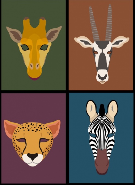 animal heads background giraffe antelope leopard zebra icons