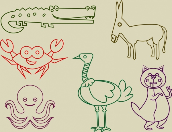 animal icons outline colored flat hand drawn style