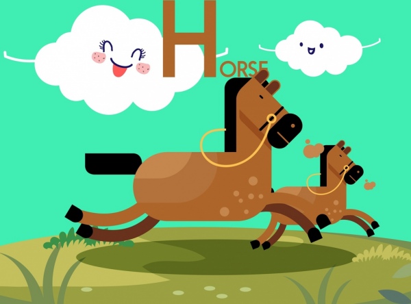 animals background horses stylized clouds icons cartoon design