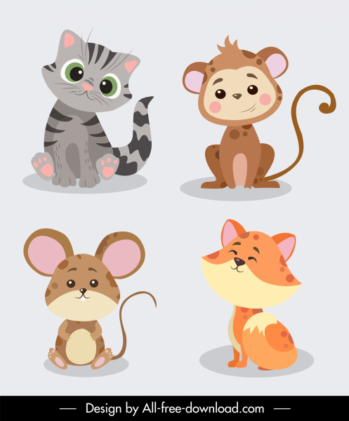 animals icons cute catoon cat monkey mouse characters
