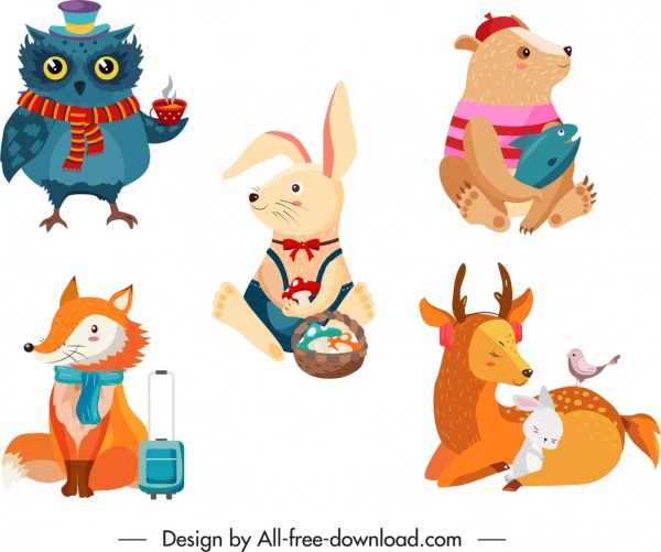 animals icons cute stylized cartoon characters