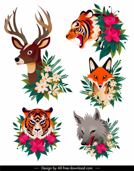 animals icons head sketch flowers decor