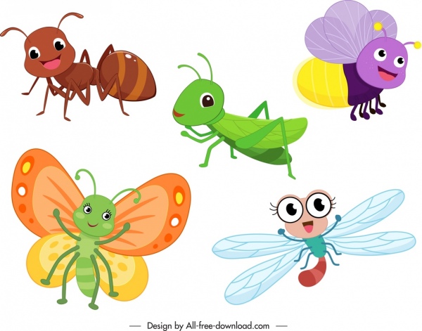 animals insects icons colored stylized cartoon characters 