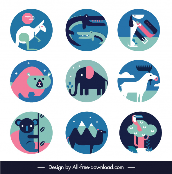 animals species icons colorful classic flat sketch