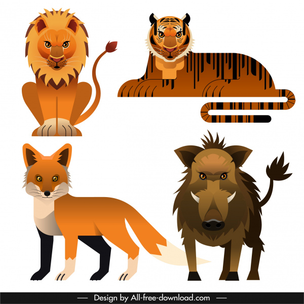 animals species icons lion tiger fox boar sketch