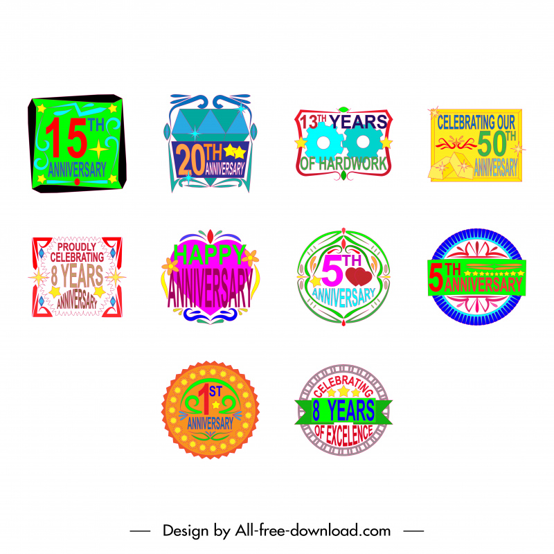 anniversary icon sets colorful flat shapes sketch