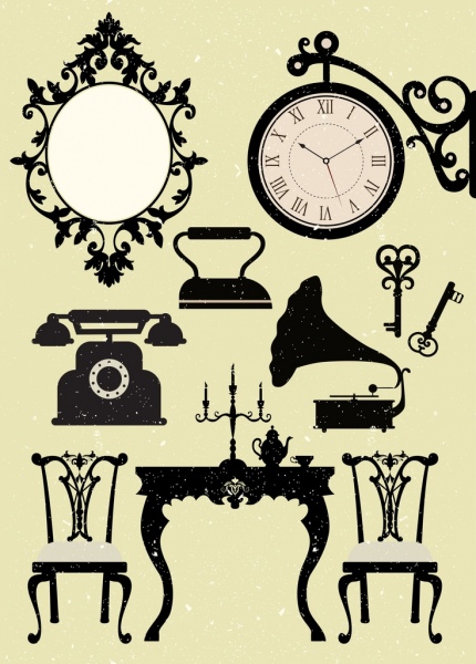 antique devices icons collection black white design