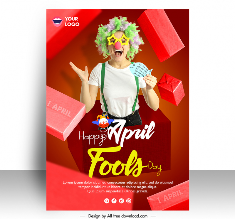 april fools day poster template funny clown sketch dynamic 3d realistic design