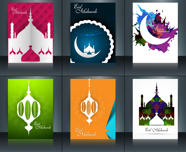 arabic islamic calligraphy mosque with colorful template brochure ramadan kareem collection card set reflection vector