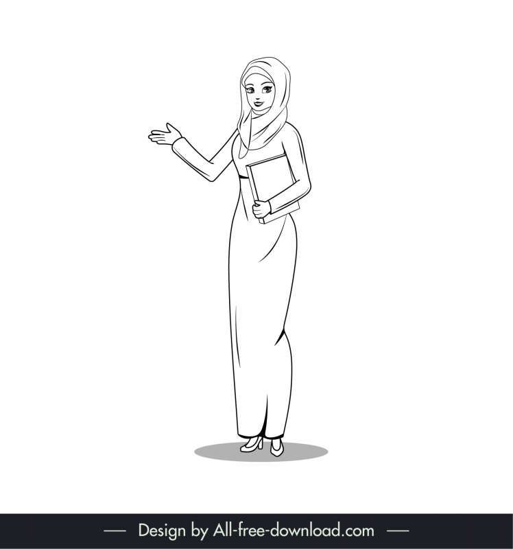 arabic muslim lady icon black white cartoon character outline