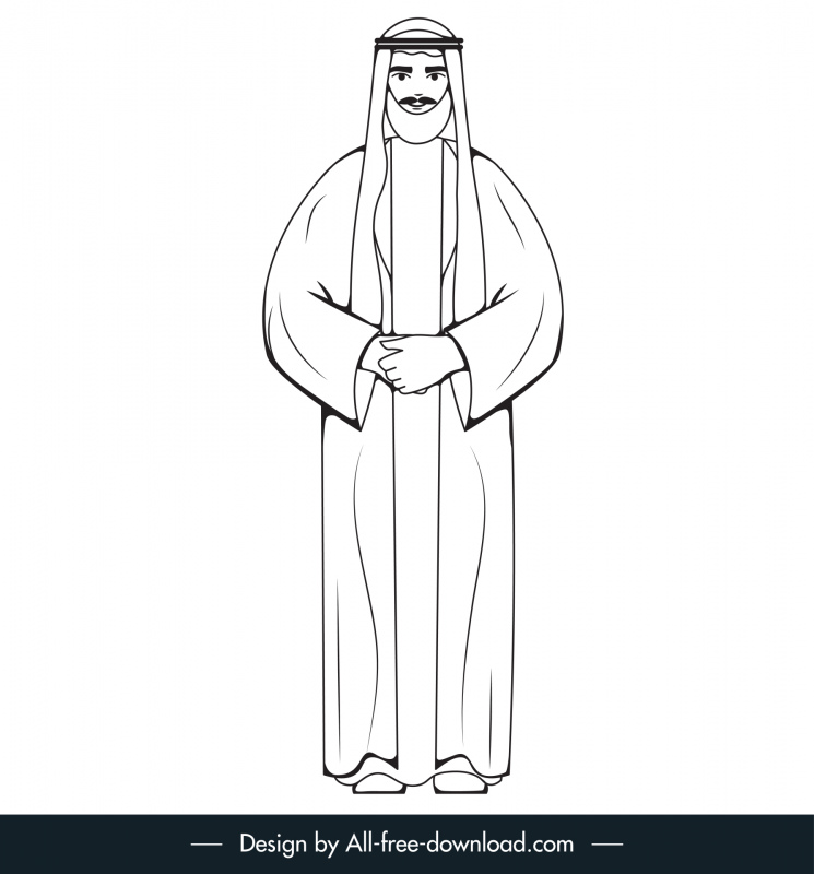 arabic muslim man icon black white cartoon character outline