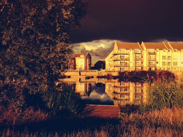 architecture building city evening house lake 