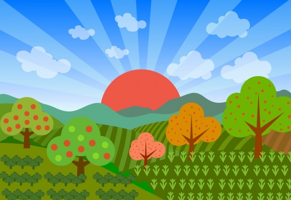 argricultural field scenery background colorful drawing sunshine ornament