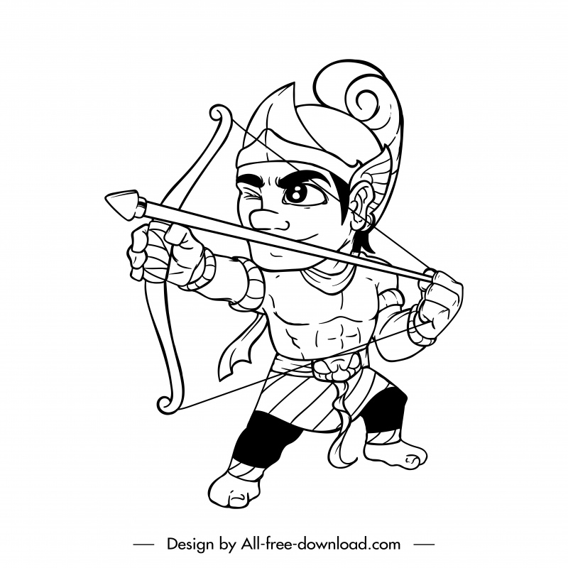 arjuna of pandava character icon black white handdrawn cartoon outline 