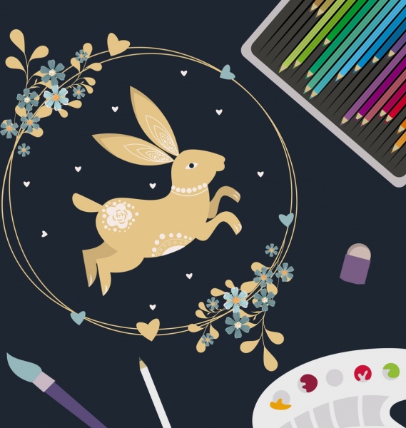 artwork background rabbit flower wreath pencils icons