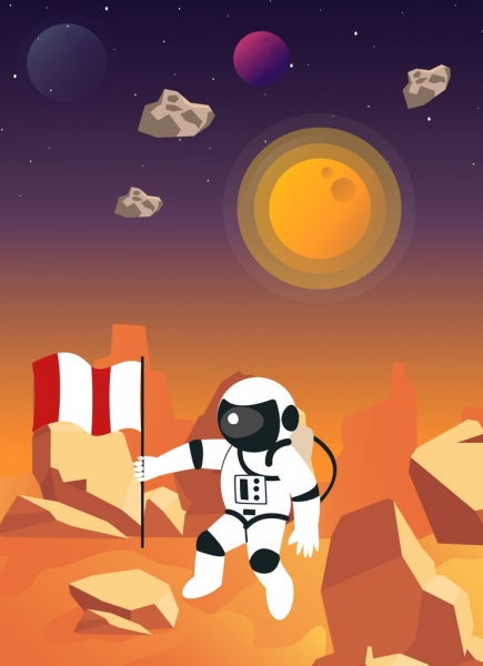 astrology background astronaut flag planets icons cartoon design