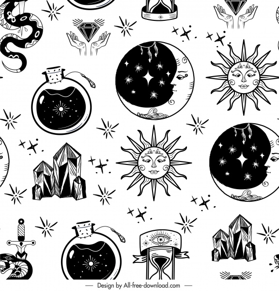 astrology pattern template black white repeating symbols sketch