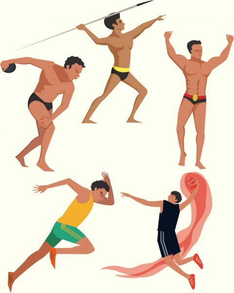 athlete icons collection colored cartoon design various gestures