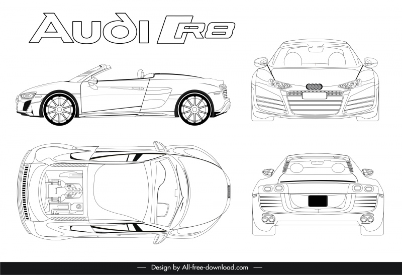 audi r8 2021 car model advertising template black white handdrawn different view outline