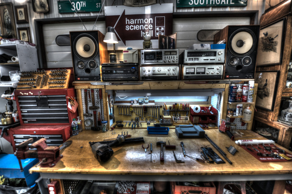 automotive work area with my 1977 stereo accuphase 