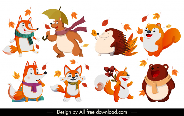 autumn animals icons stylized cartoon characters sketch