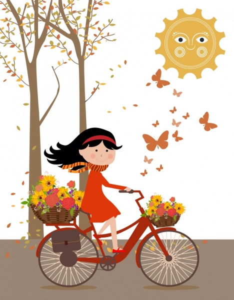 autumn background cute girl riding bicycle colored cartoon