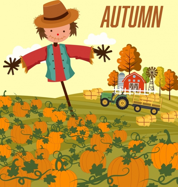autumn background pumpkin farm dummy icons cartoon design 