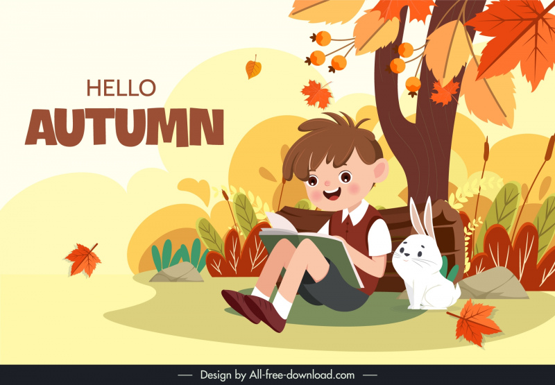 autumn background template cute cartoon child reading book
