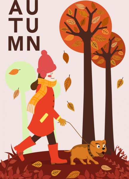 autumn background walking woman pet trees cartoon design