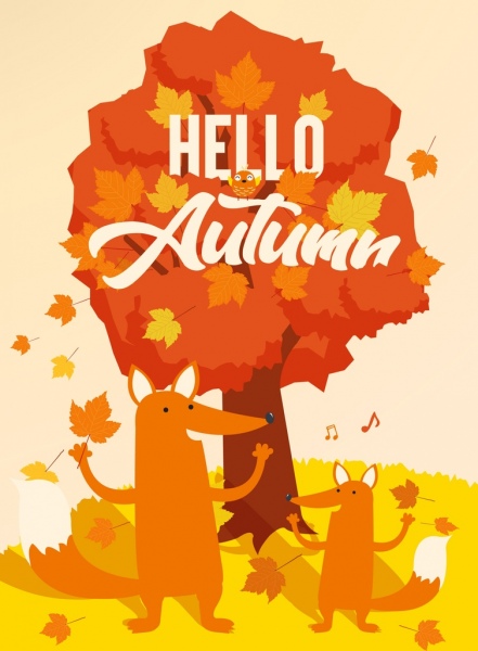 autumn banner orange design fox tree icons
